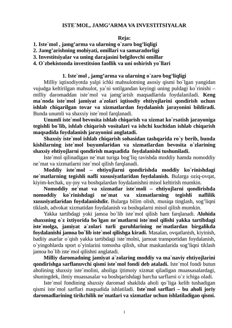 ISTE`MOL, JAMG’ARMA VA INVESTITSIYALAR 1