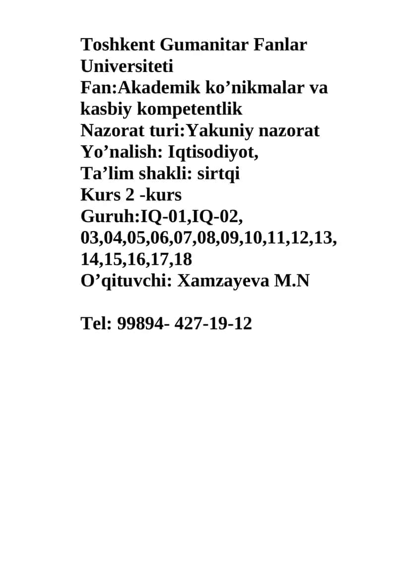 Akademik ko’nikmalar va kasbiy kompetentlik 1
