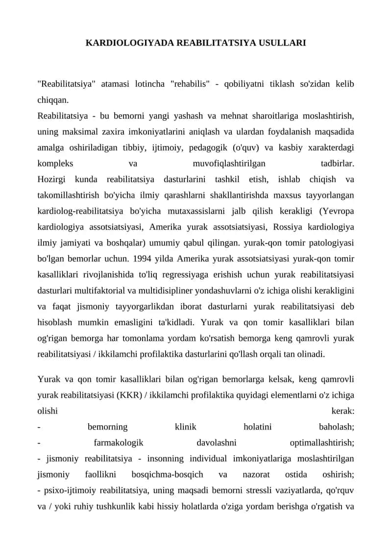 KARDIOLOGIYADA REABILITATSIYA USULLARI 1