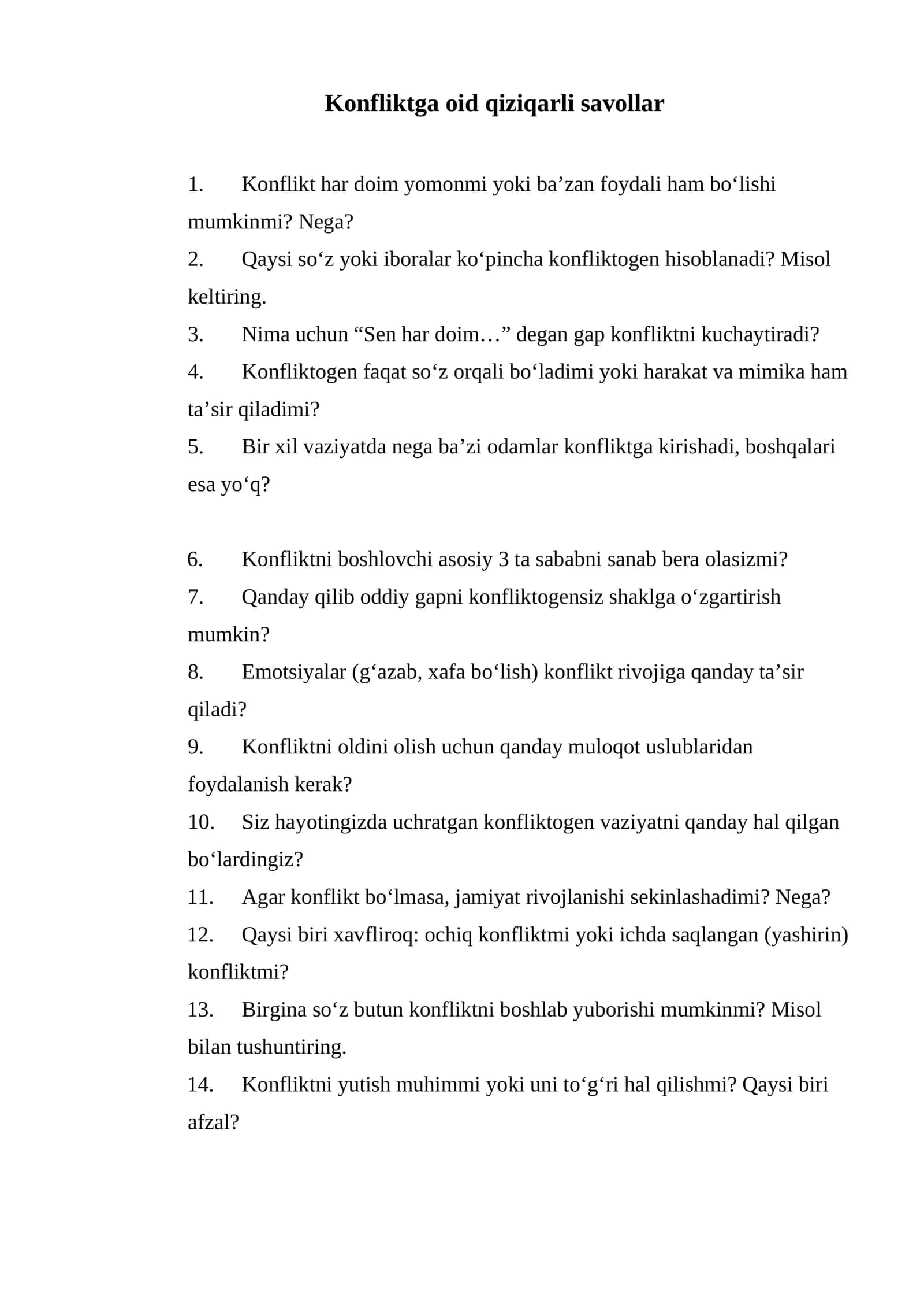 Konfliktga oid qiziqarli savollar 1