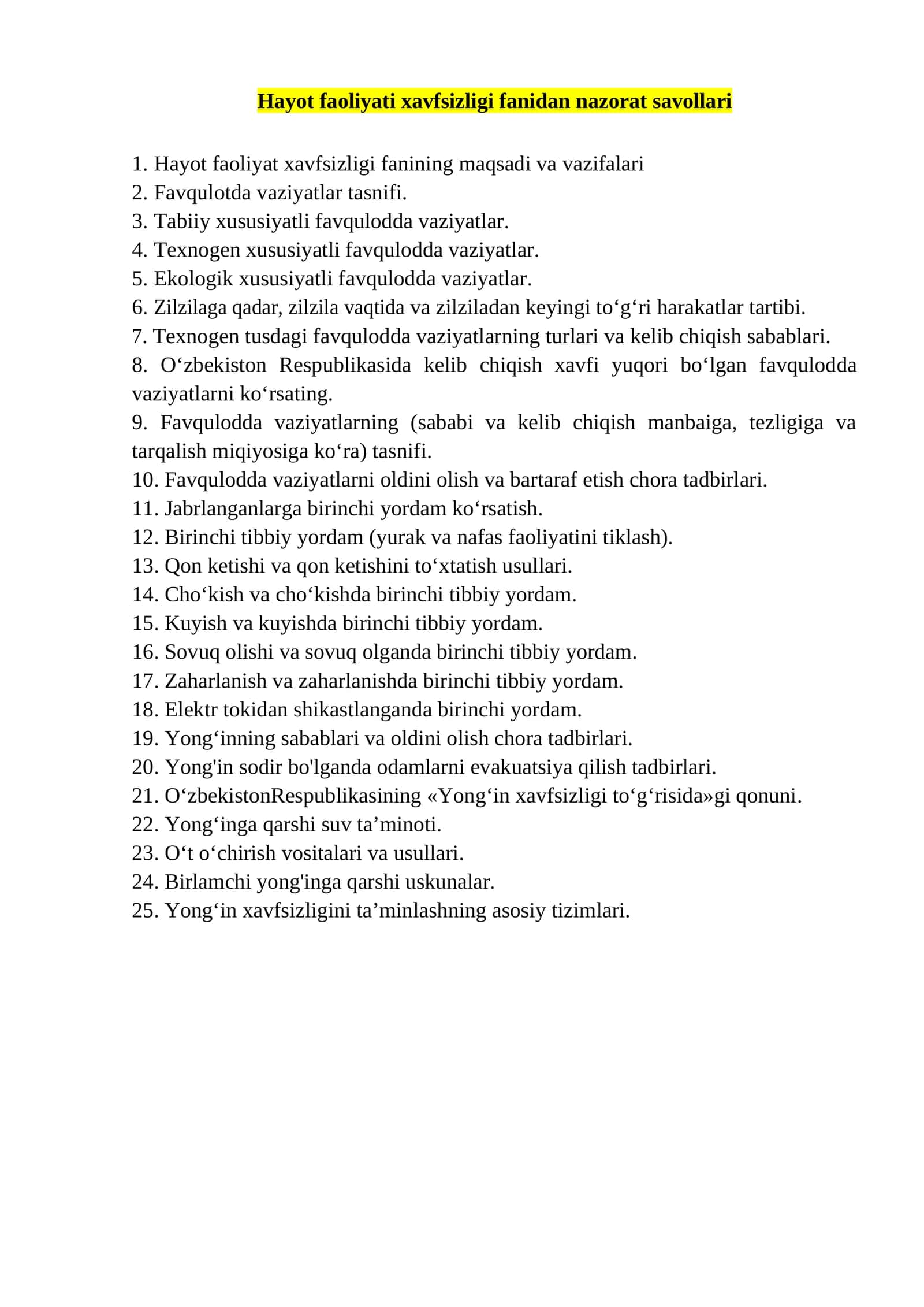 Hayot faoliyati xavfsizligi fanidan nazorat savollari 1
