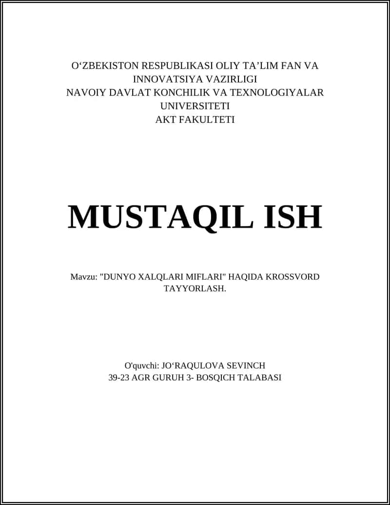 DUNYO XALQLARI MIFLARI KROSSVORD TAYYORLASH 1