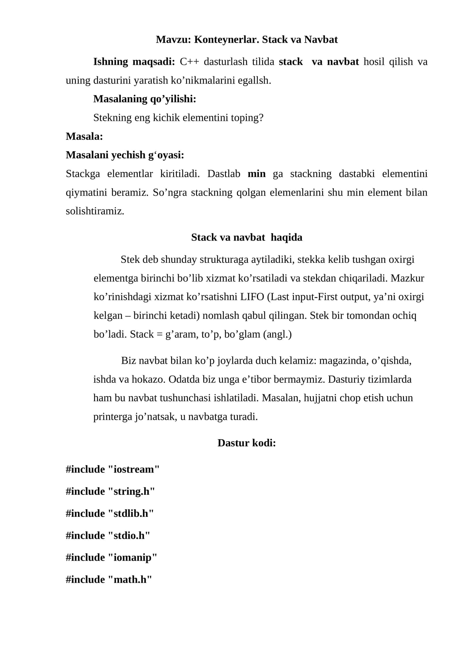 Konteynerlar. Stack va Navbat 1
