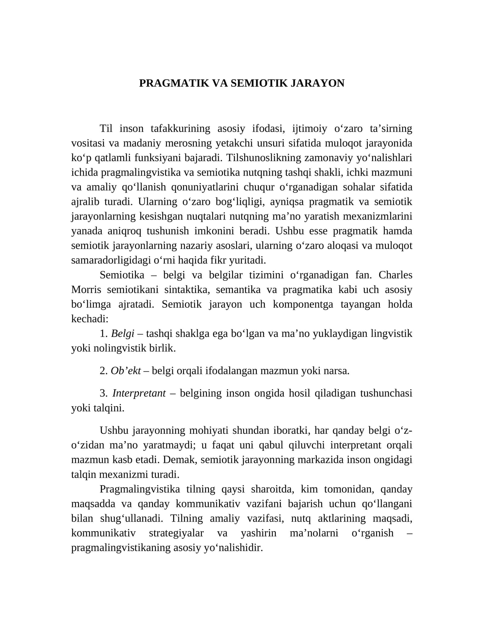 PRAGMATIK VA SEMIOTIK JARAYON 1