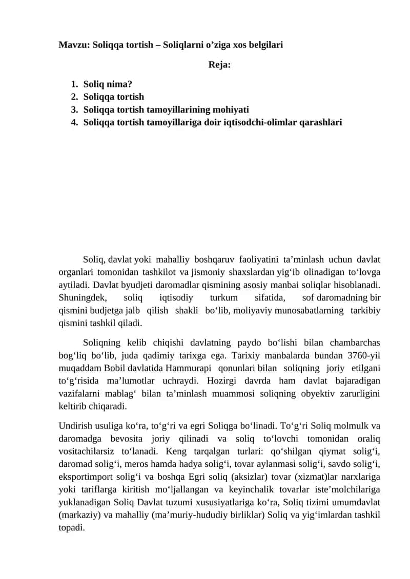 Soliqqa tortish – Soliqlarni o’ziga xos belgilari 1