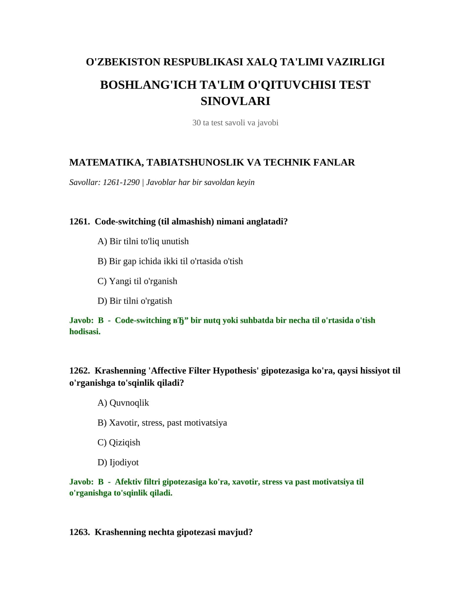 BOSHLANG'ICH TA'LIM O'QITUVCHISI TEST SINOVLARI 1