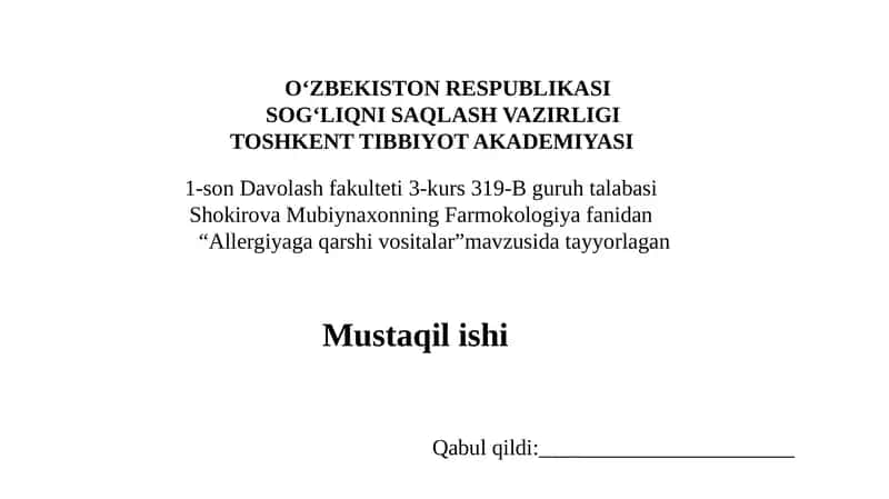 "Allergiyaga qarshi vositalar" 1