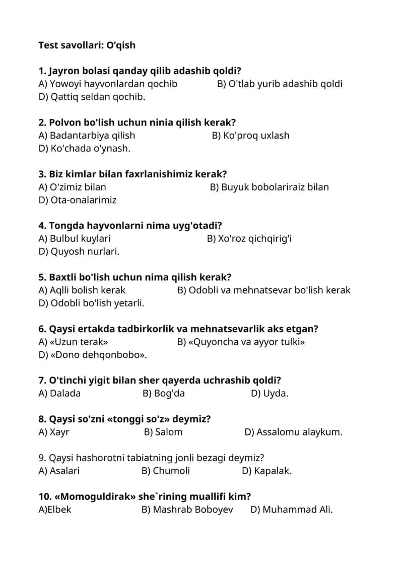 Test savollari: O’qish 1