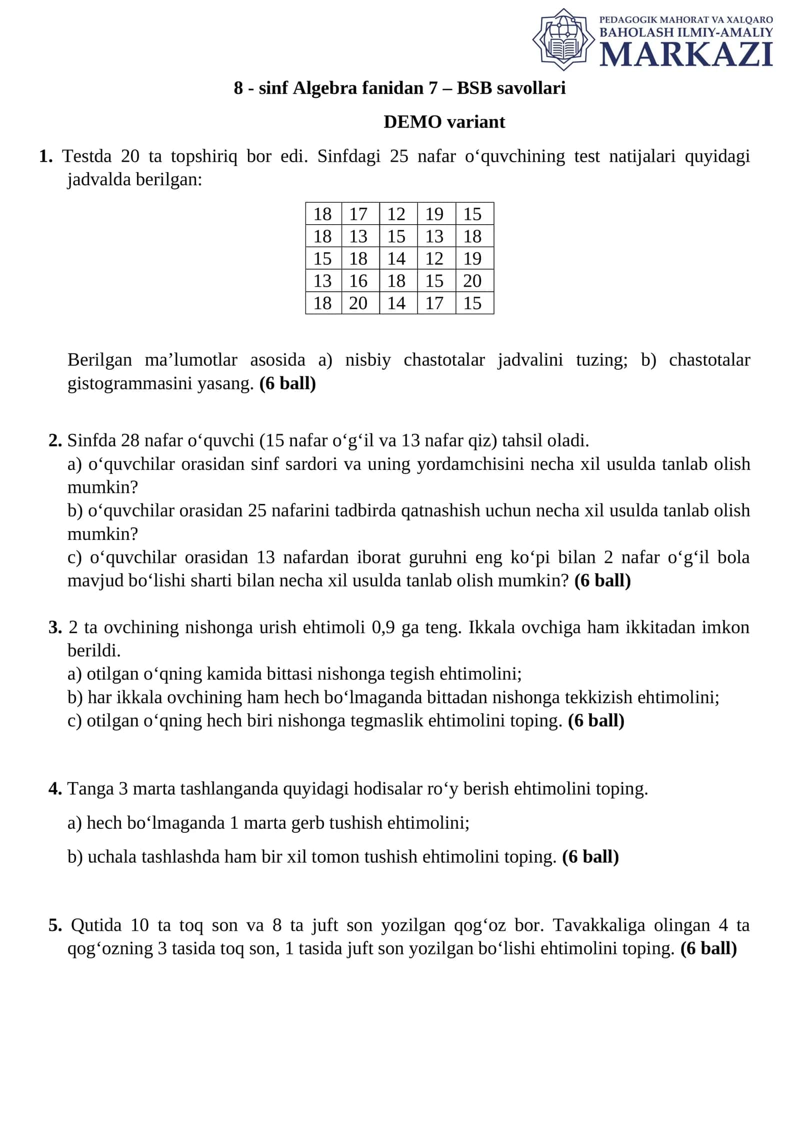 8 - sinf Algebra fanidan 7 – BSB savollari 1