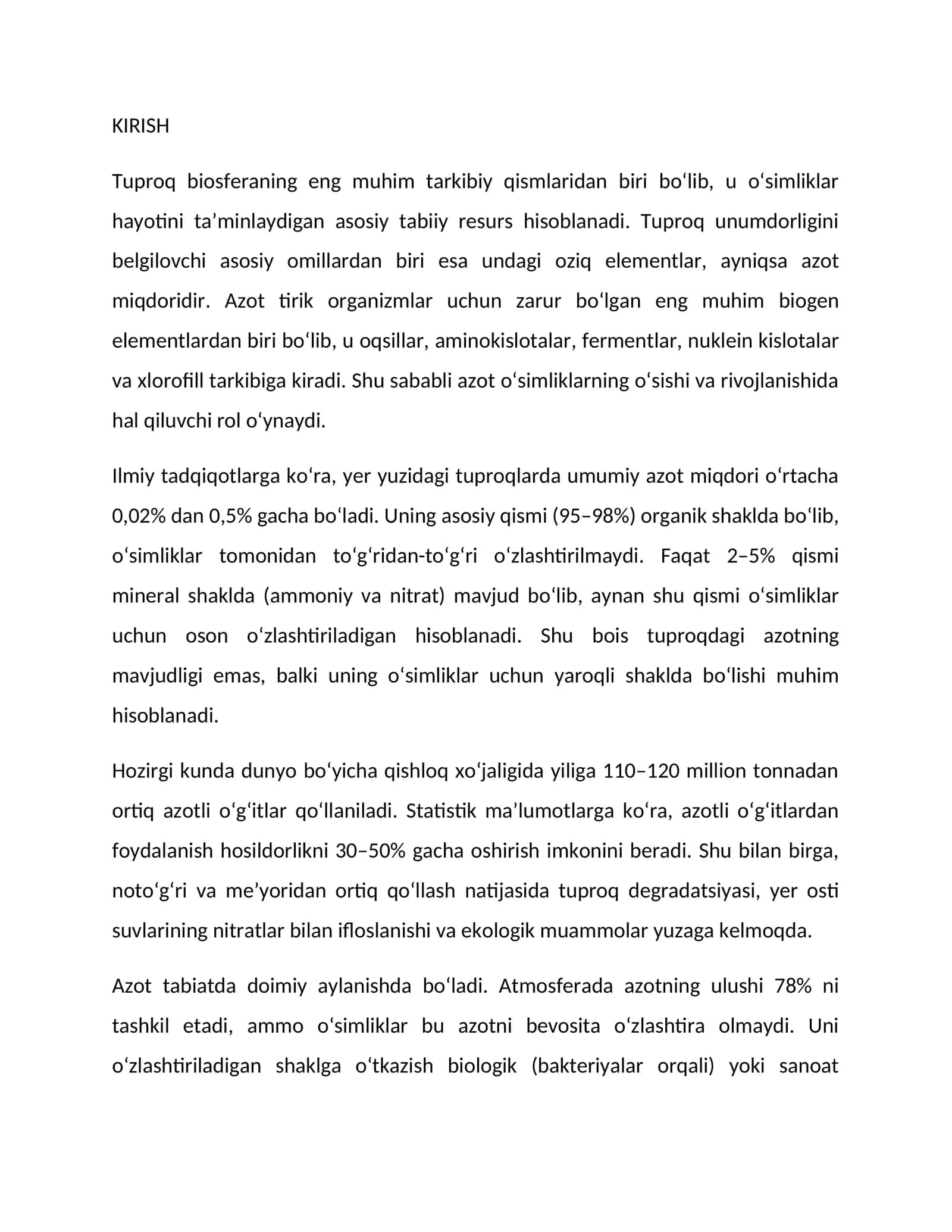 Tuproq va azotning o'simliklar hayotidagi roli 1