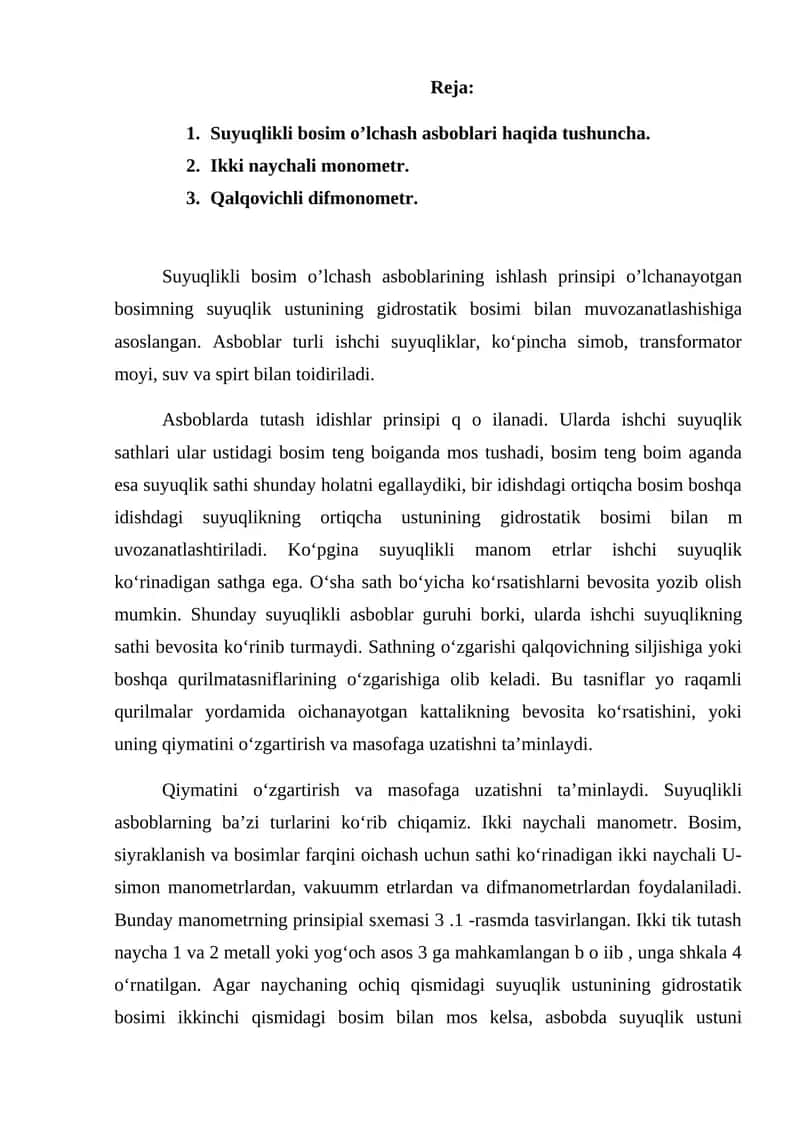 Suyuqlikli bosim o’lchash asboblar 1