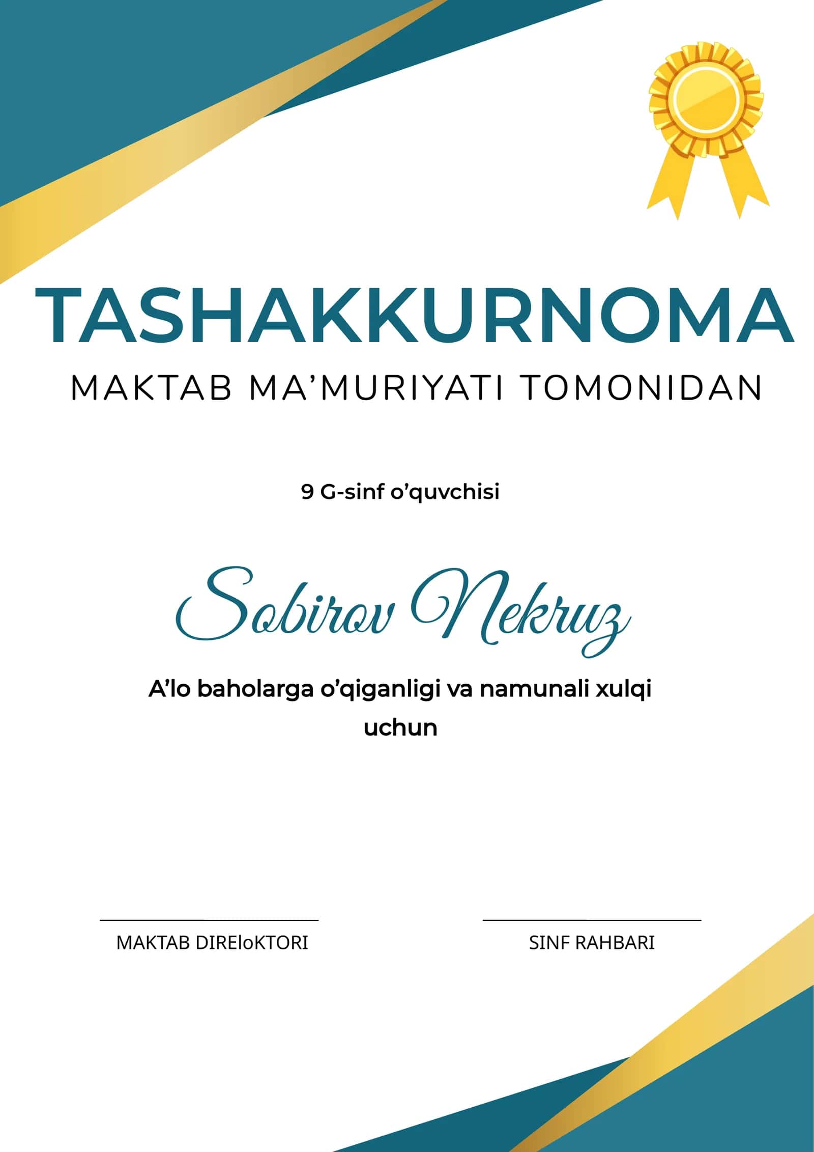 Tashakkurnoma shablon 1