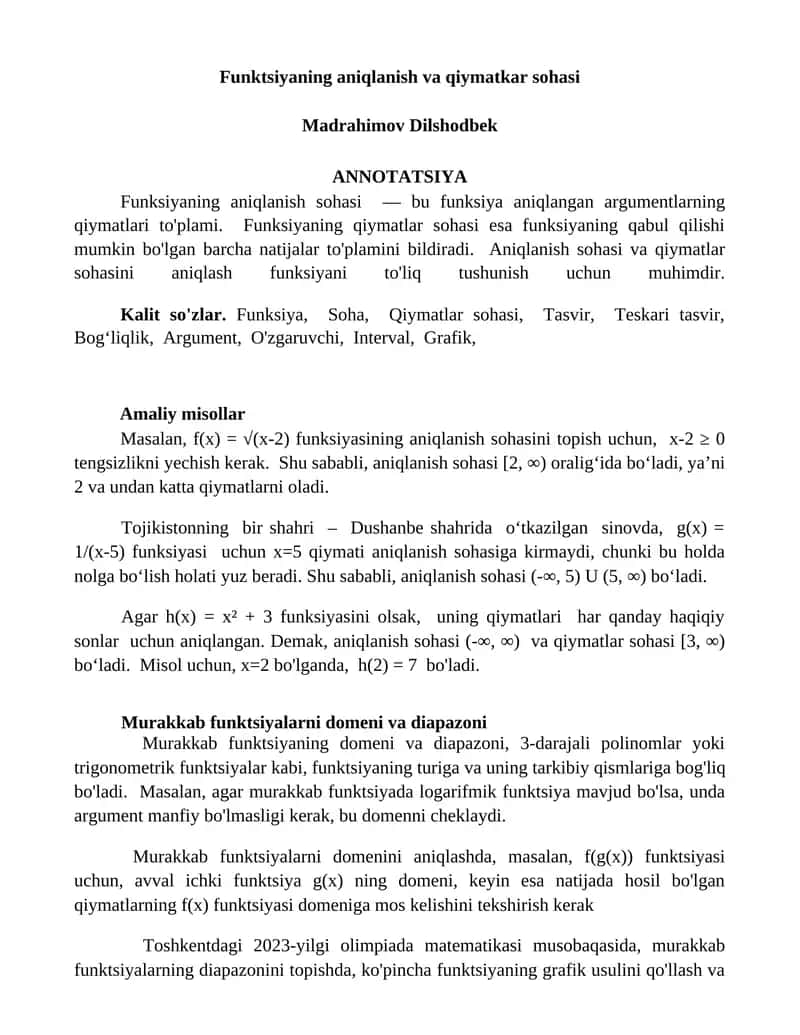Funktsiyaning aniqlanish va qiymatkar sohasi 1