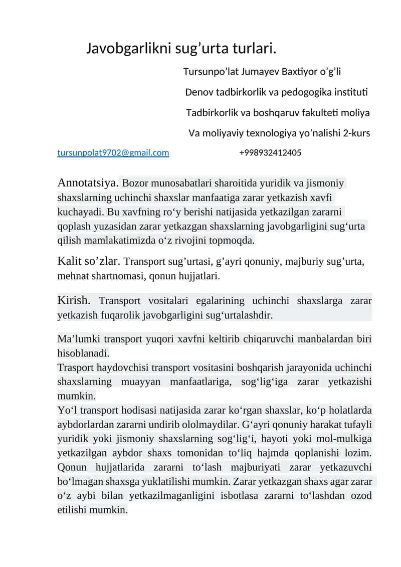 Javobgarlikni sug’urta turlari 1