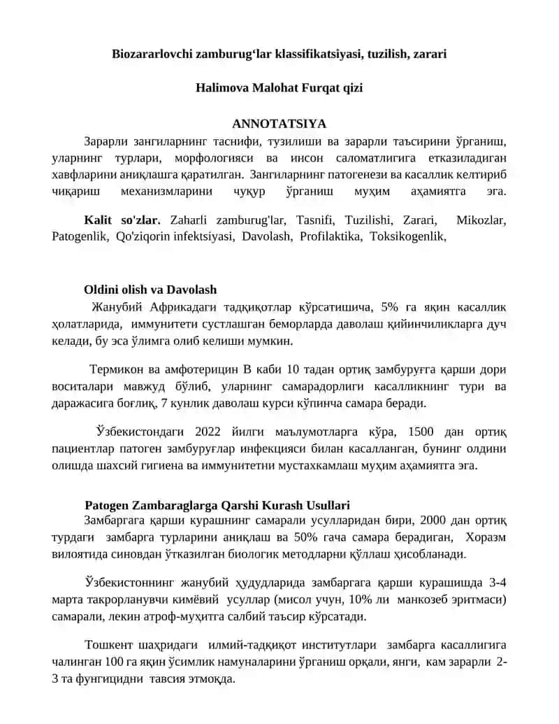 Biozararlovchi zamburug‘lar klassifikatsiyasi, tuzilish, zarari