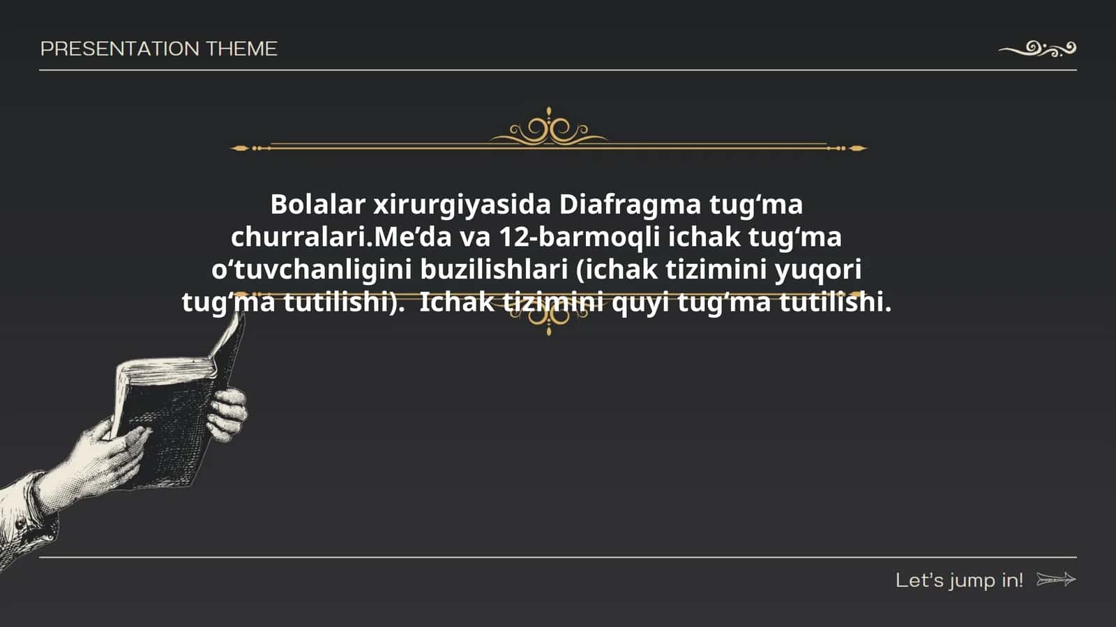 Bolalar xirurgiyasida Diafragma tug‘ma churralari.Me’da va 12-barmoqli ichak tug‘ma o‘tuvchanligini buzilishlari (ichak tizimini yuqori tug‘ma tutilishi). Ichak tizimini quyi tug‘ma tutilishi 1