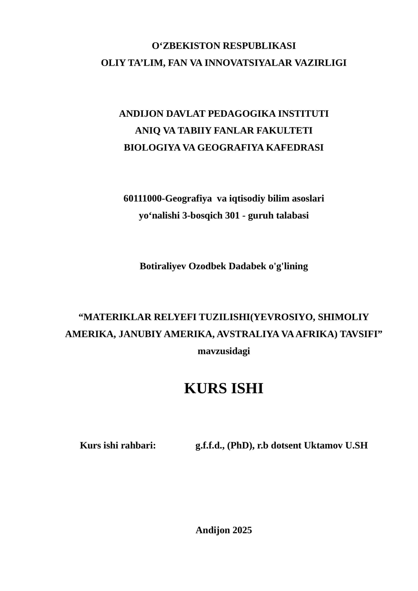 MATERIKLAR RELYEFI TUZILISHI.KURS ISHI. 1