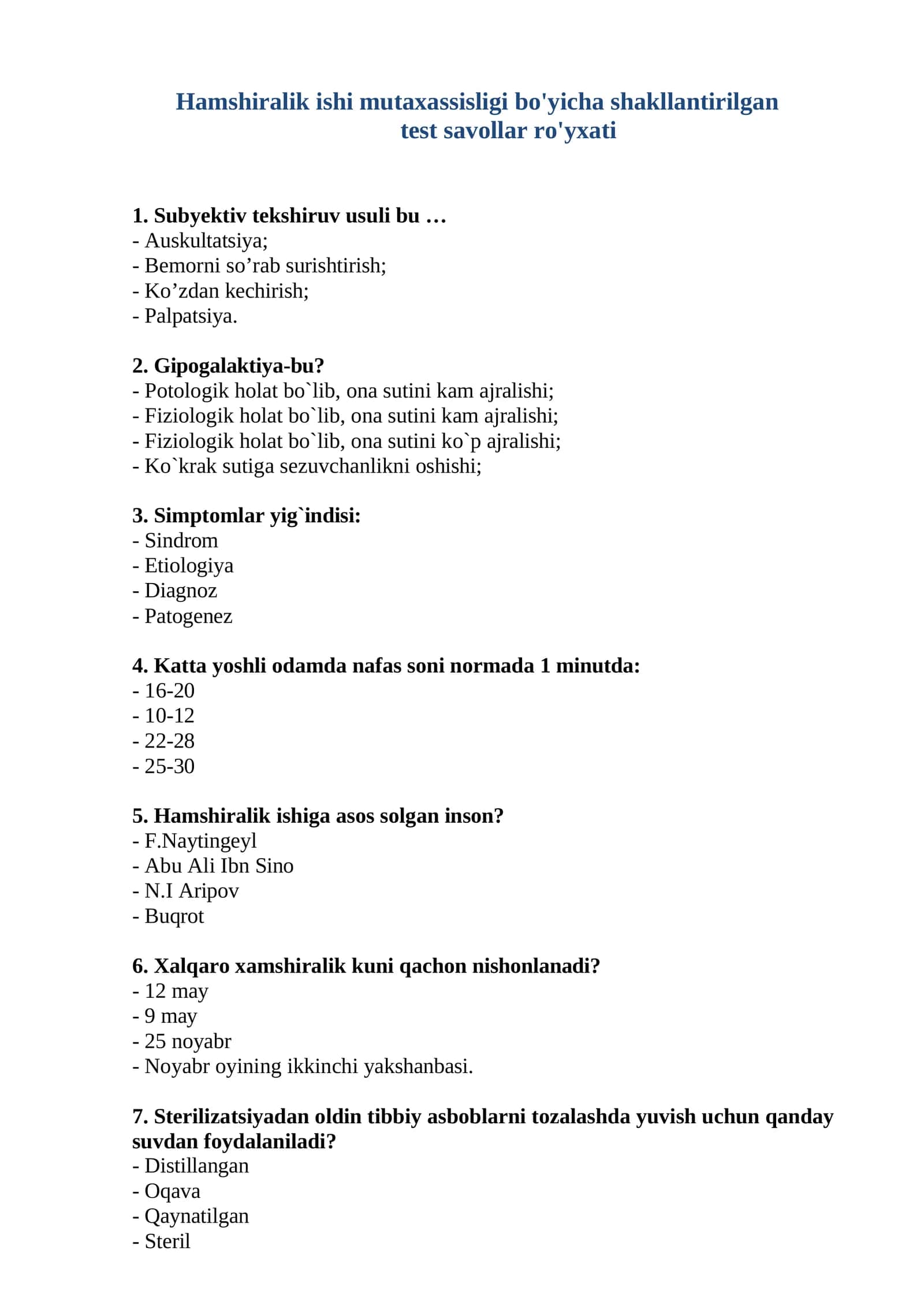 HAMSHIRALIK ISHI TEST SAVOLLAR RO'YXATI 1