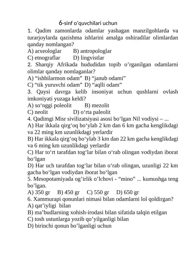 6-sinf tarix test 1
