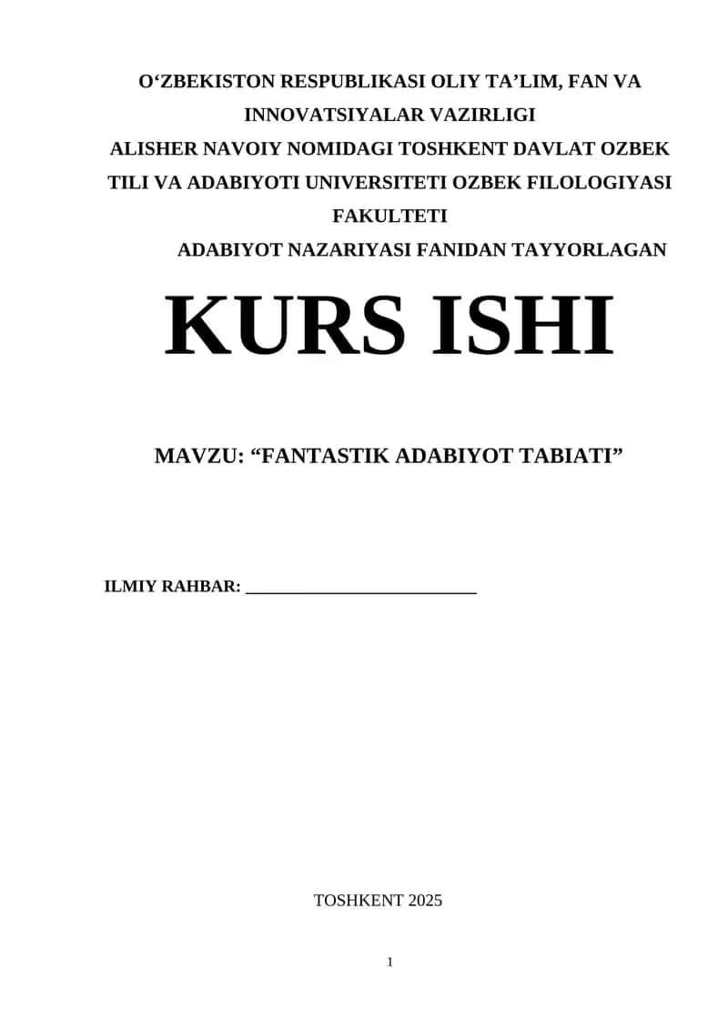 KURS ISHI "FANTASTIK ADABIYOT TABIATI" 1