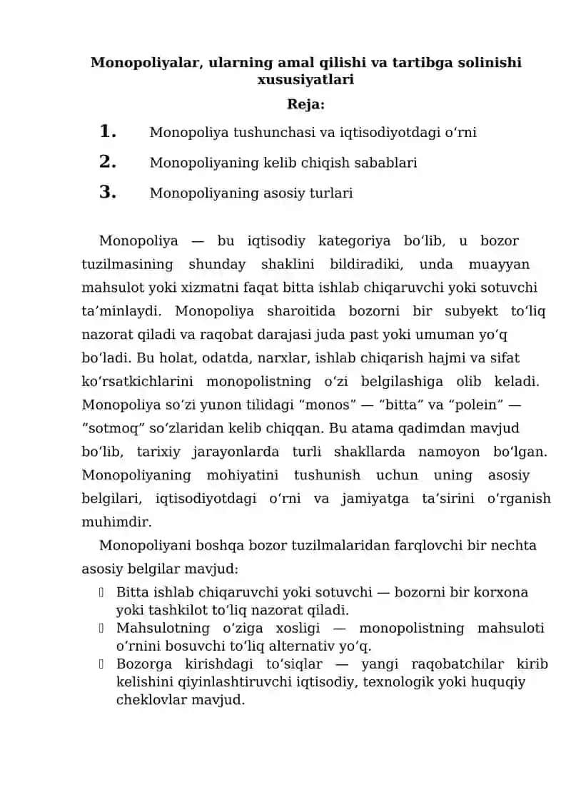 Monopoliyalar, ularning amal qilishi va tartibga solinishi xususiyatlari