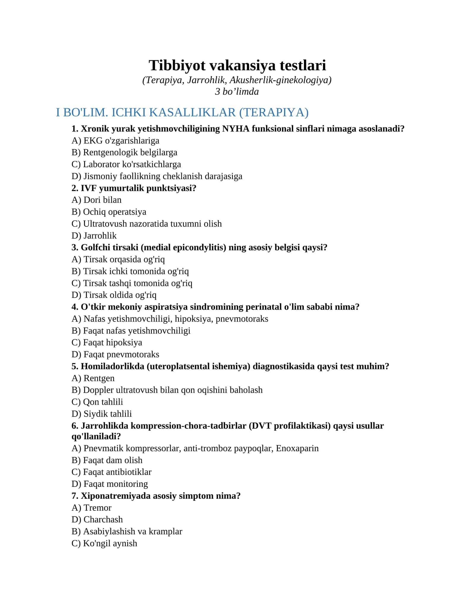 Tibbiyot vakansiya testlari 1