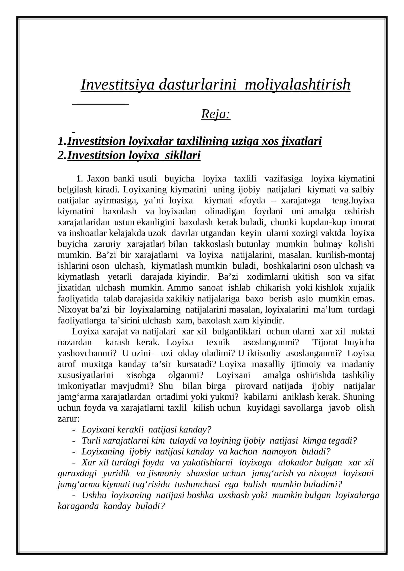 Investitsiya dasturlarini moliyalashtirish 1