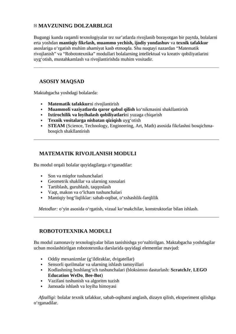 Robototexnika va Matematik rivojlanish modullari 1