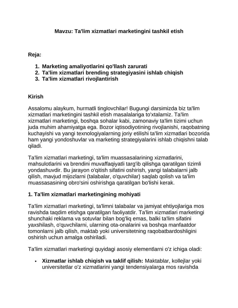 Ta'lim xizmatlari marketingini tashkil etish 1