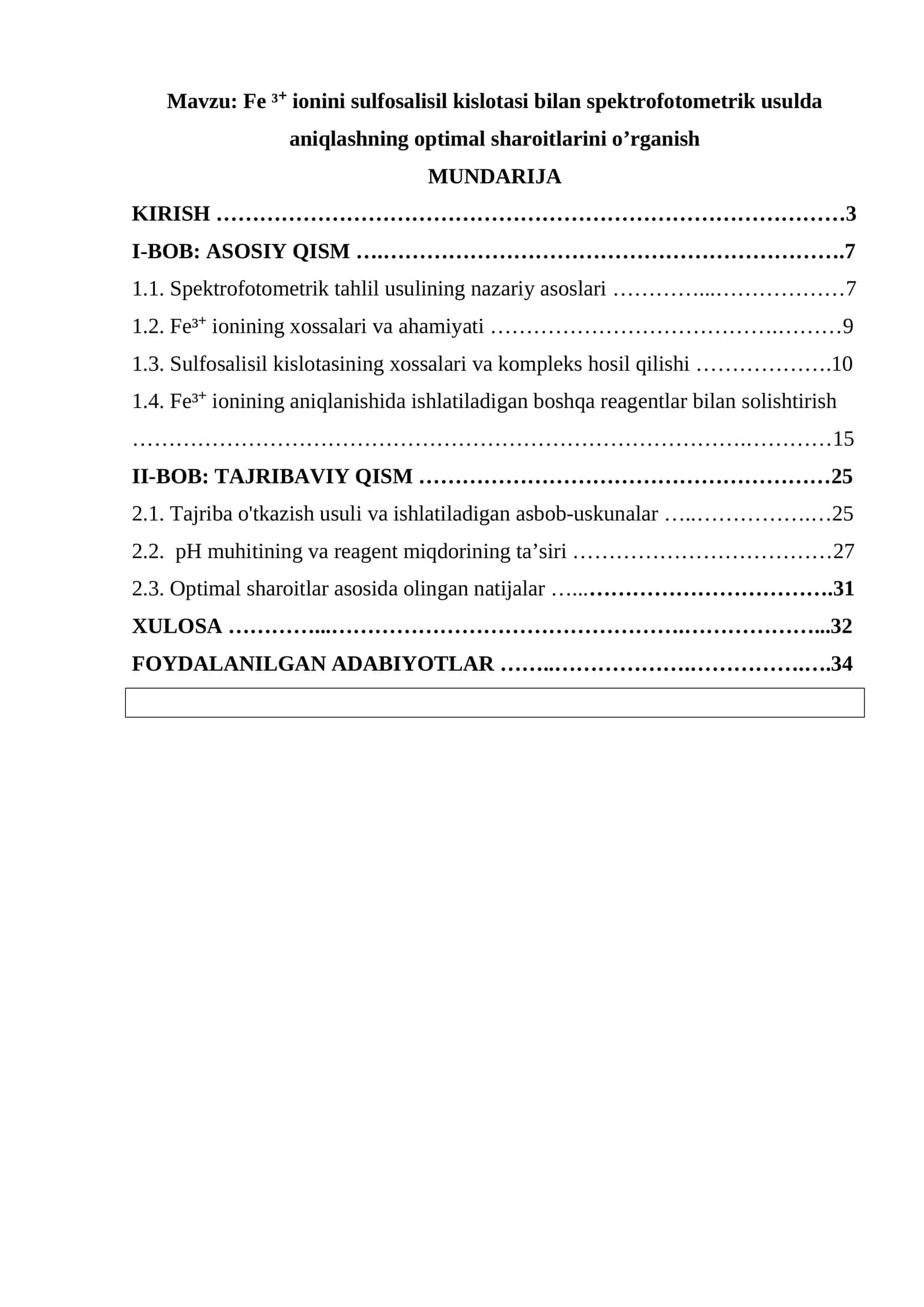 Fe ³⁺ ionini sulfosalisil kislotasi bilan spektrofotometrik usulda aniqlashning optimal sharoitlarini o’rganish 1