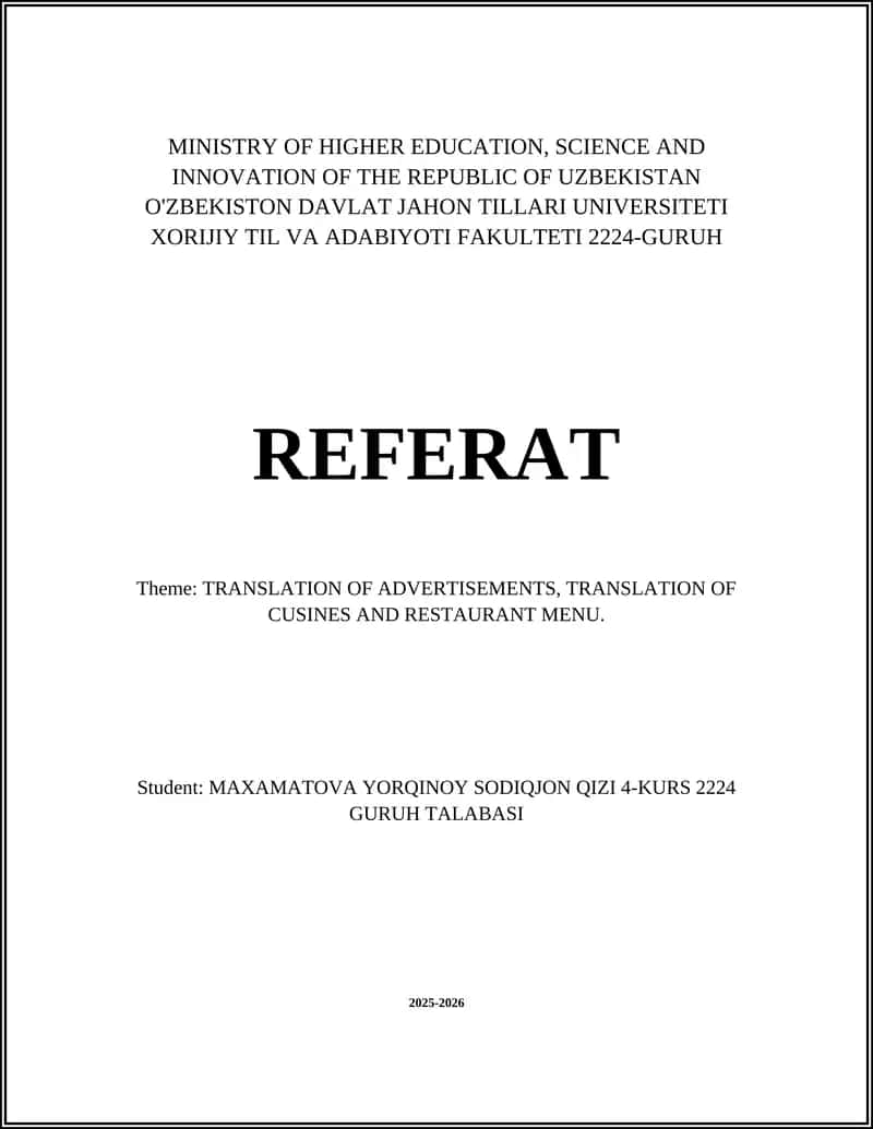 TRANSLATION OF ADVERTISEMENTS, TRANSLATION OF CUSINES AND RESTAURANT MENU 1