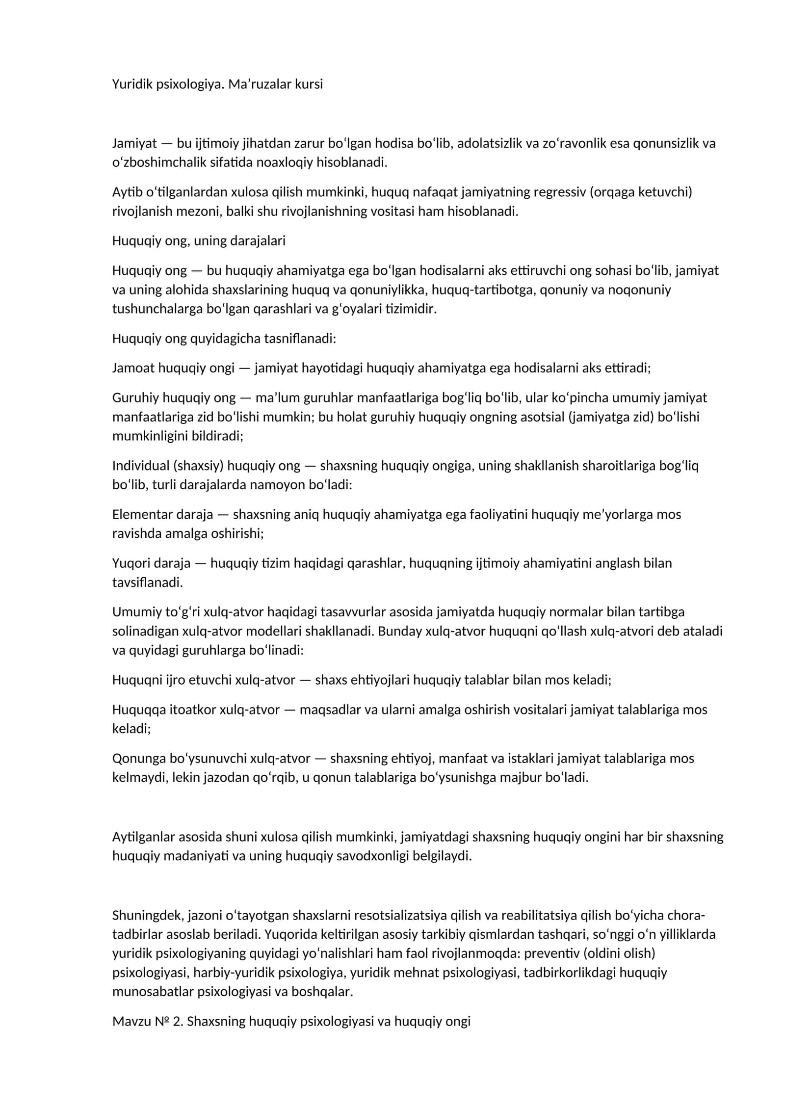 Yuridik psixologiya. Ma’ruzalar kursi 1