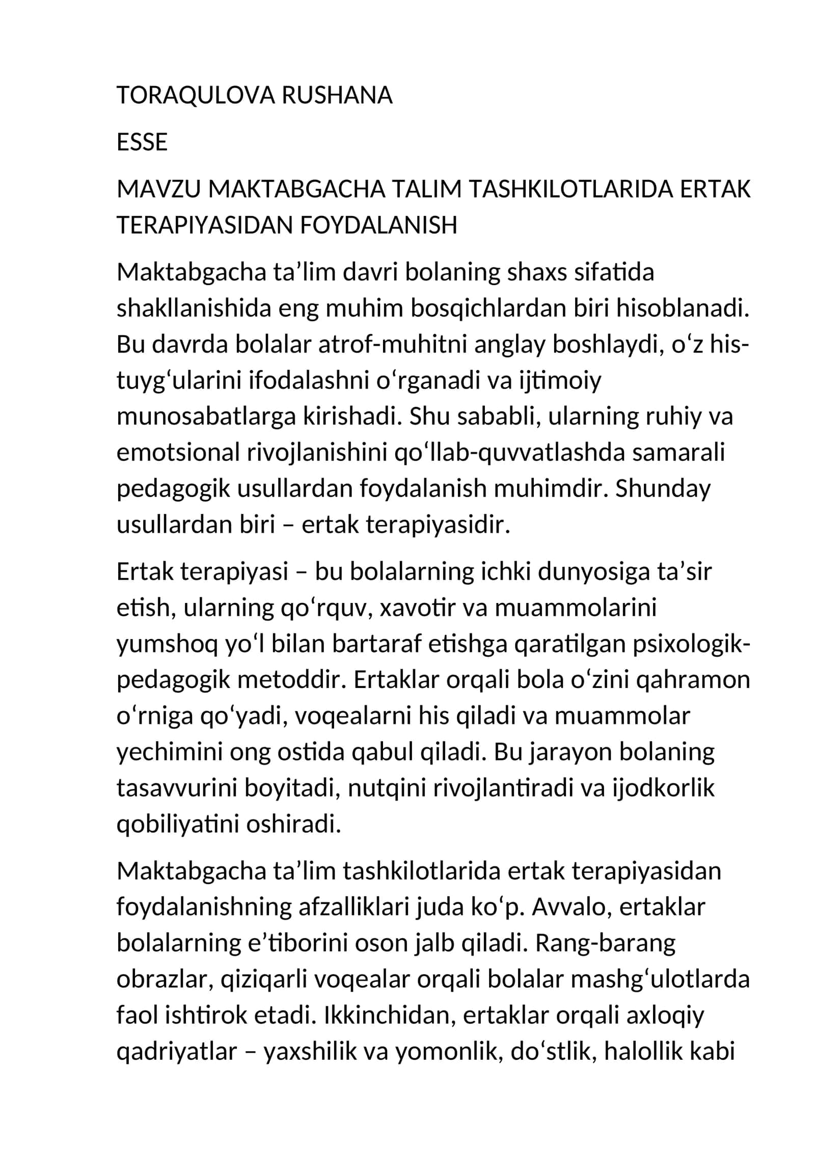 MAKTABGACHA TALIM TASHKILOTLARIDA ERTAK TERAPIYASIDAN FOYDALANISH 1