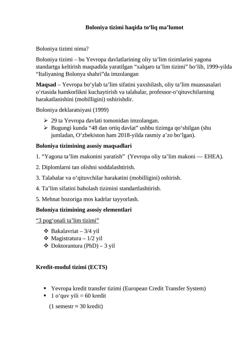 Boloniya tizimi haqida to‘liq ma’lumot 1