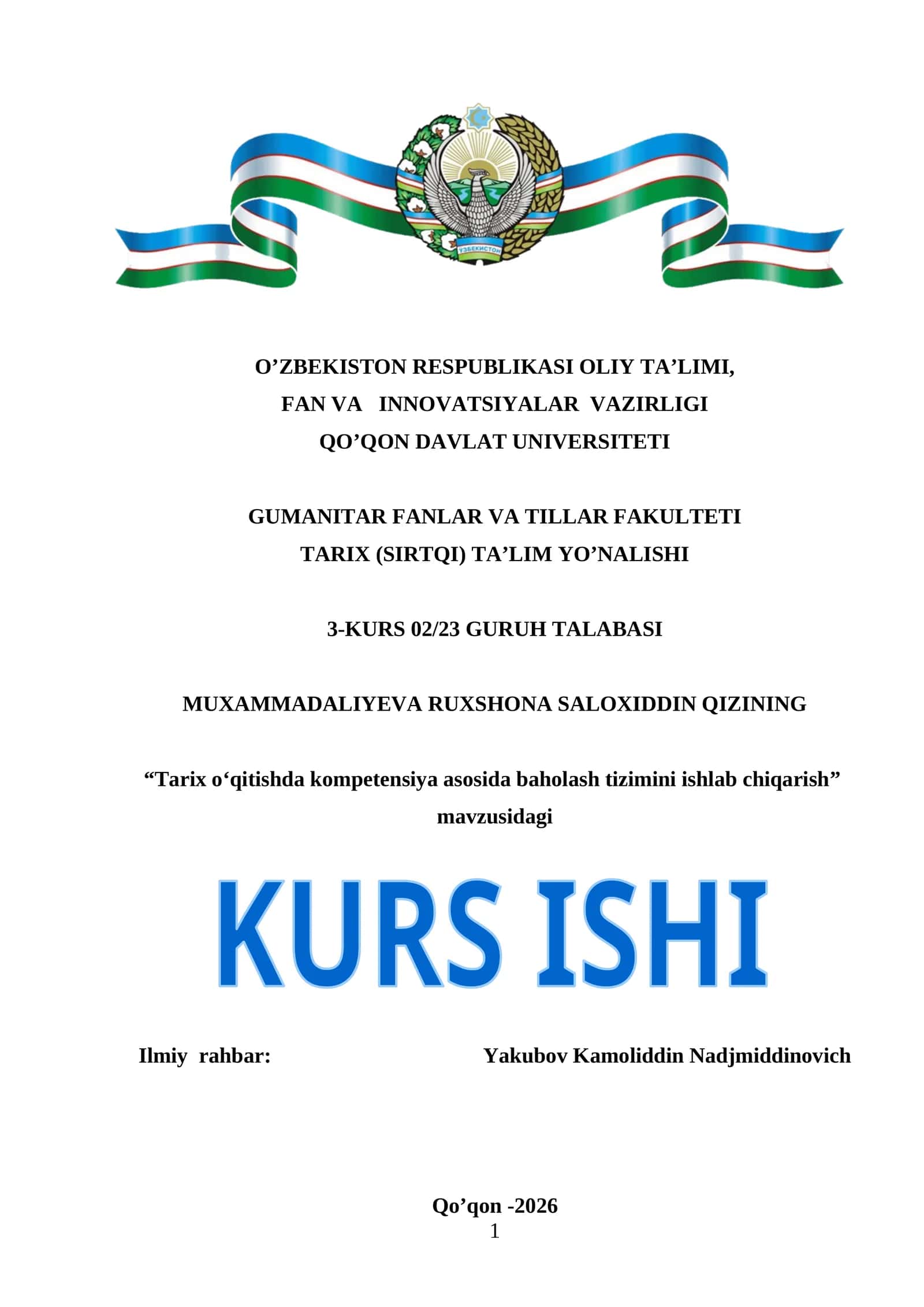 Tarix oʻqitishda kompetensiya asosida baholash tizimini ishlab chiqarish 1