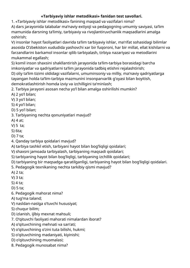 Tarbiyaviy ishlar metodikasi test savollari 1