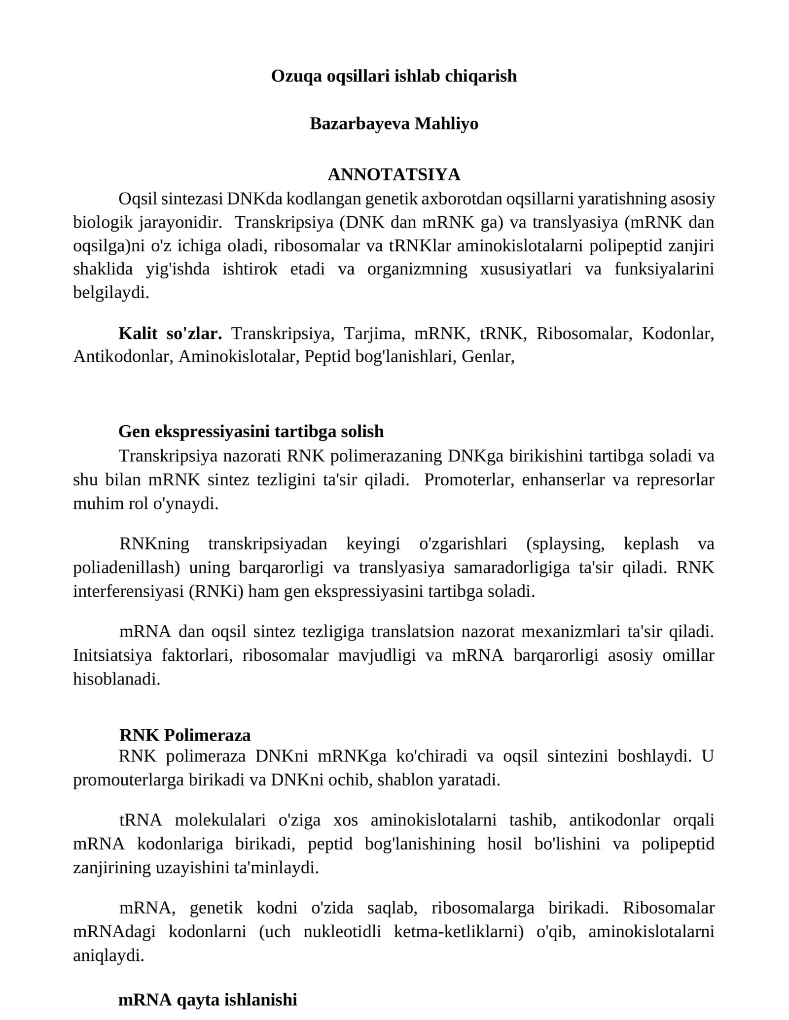 Ozuqa oqsillari ishlab chiqarish 1