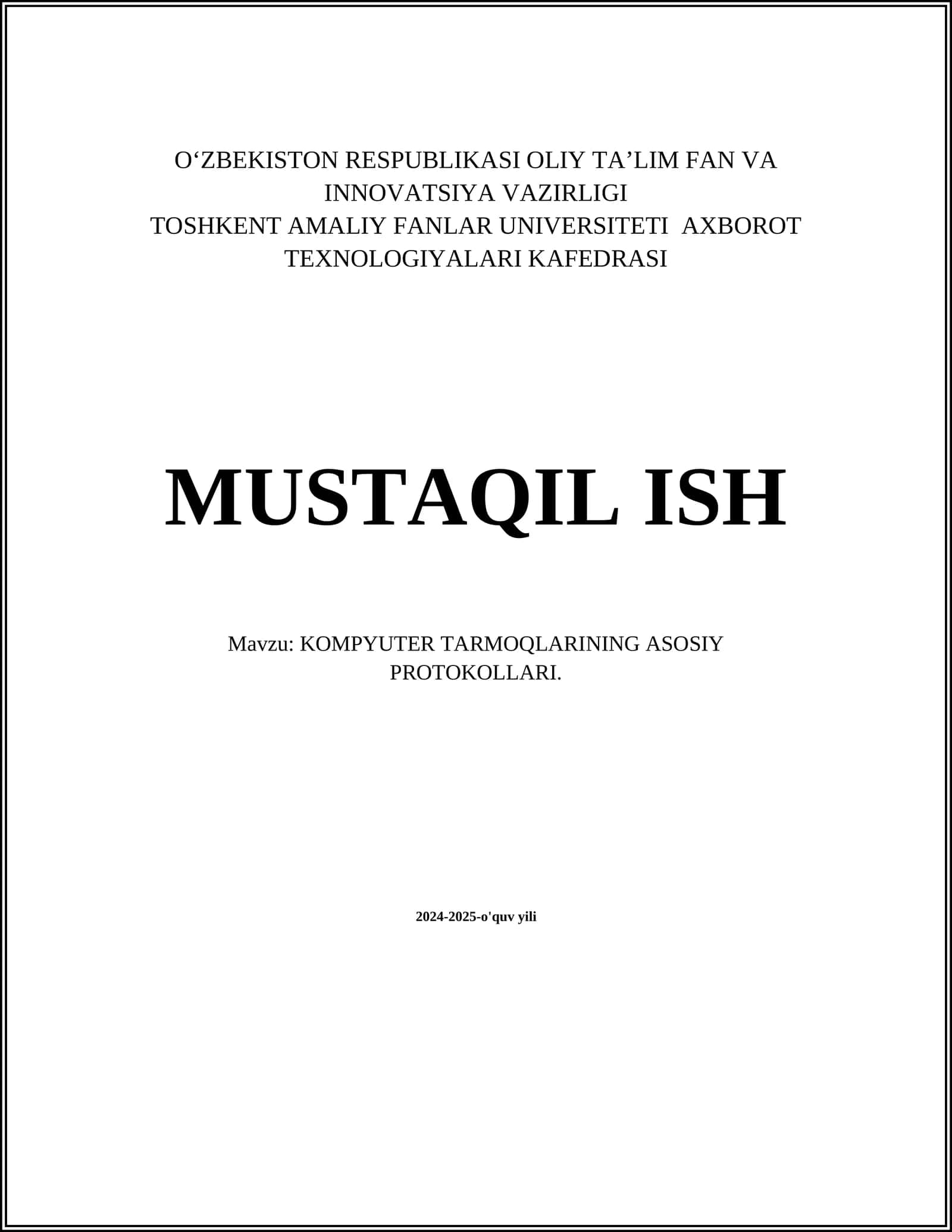 KOMPYUTER TARMOQLARINING ASOSIY PROTOKOLLARI 1