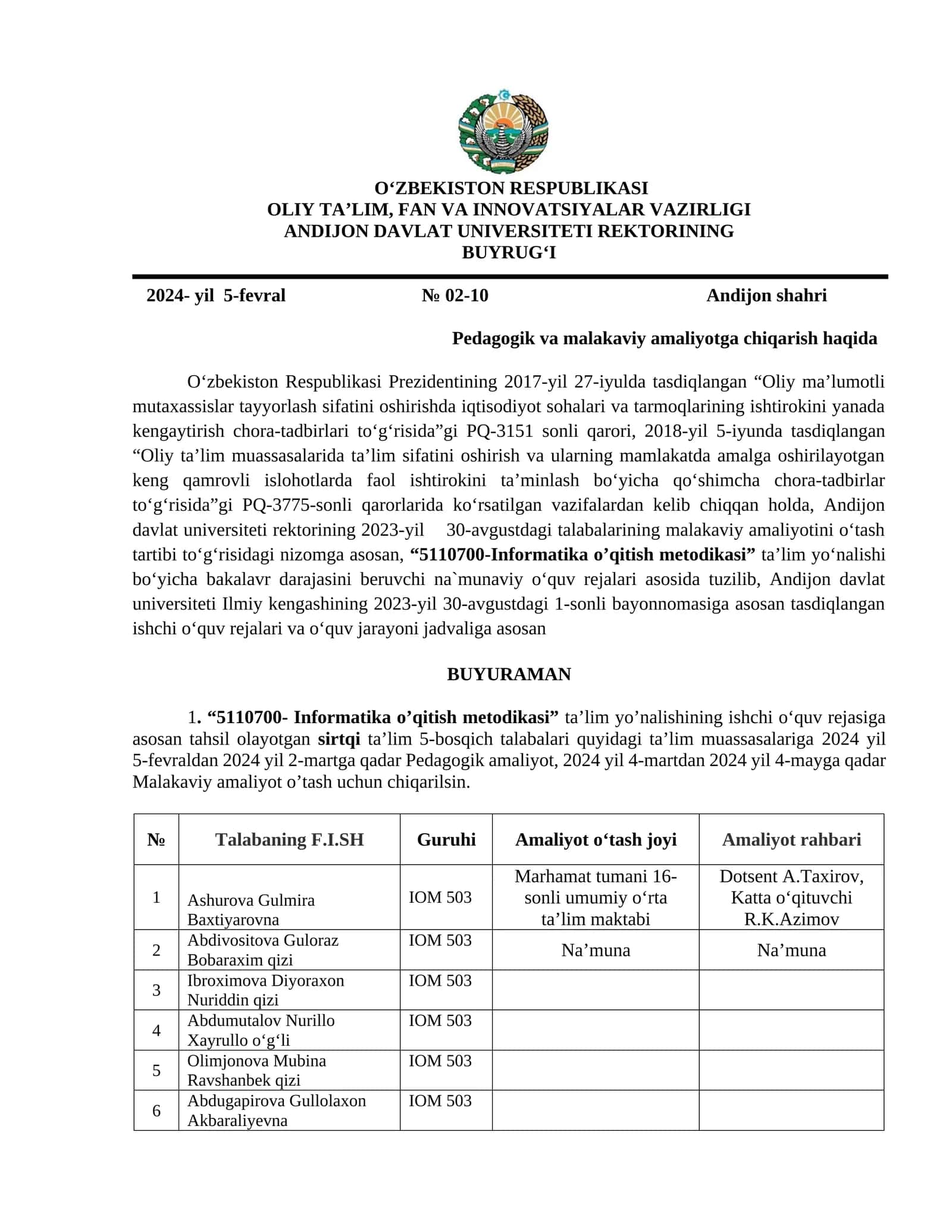 Pedagogik va malakaviy amaliyotga chiqarish haqida 1