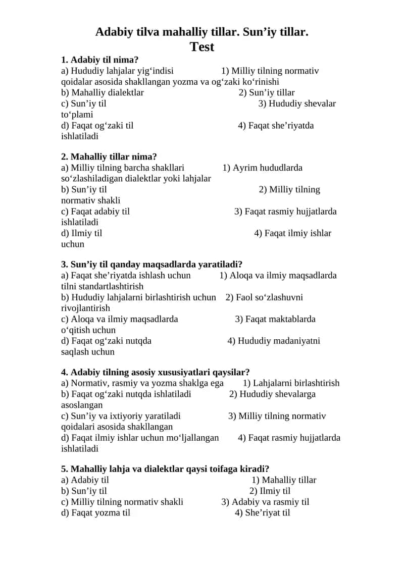 Adabiy tilva mahalliy tillar. Sunʼiy tillar. 1