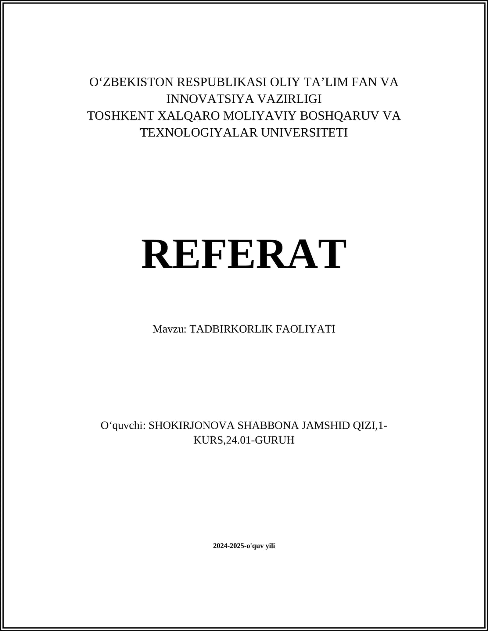 TADBIRKORLIK FAOLIYATI 1