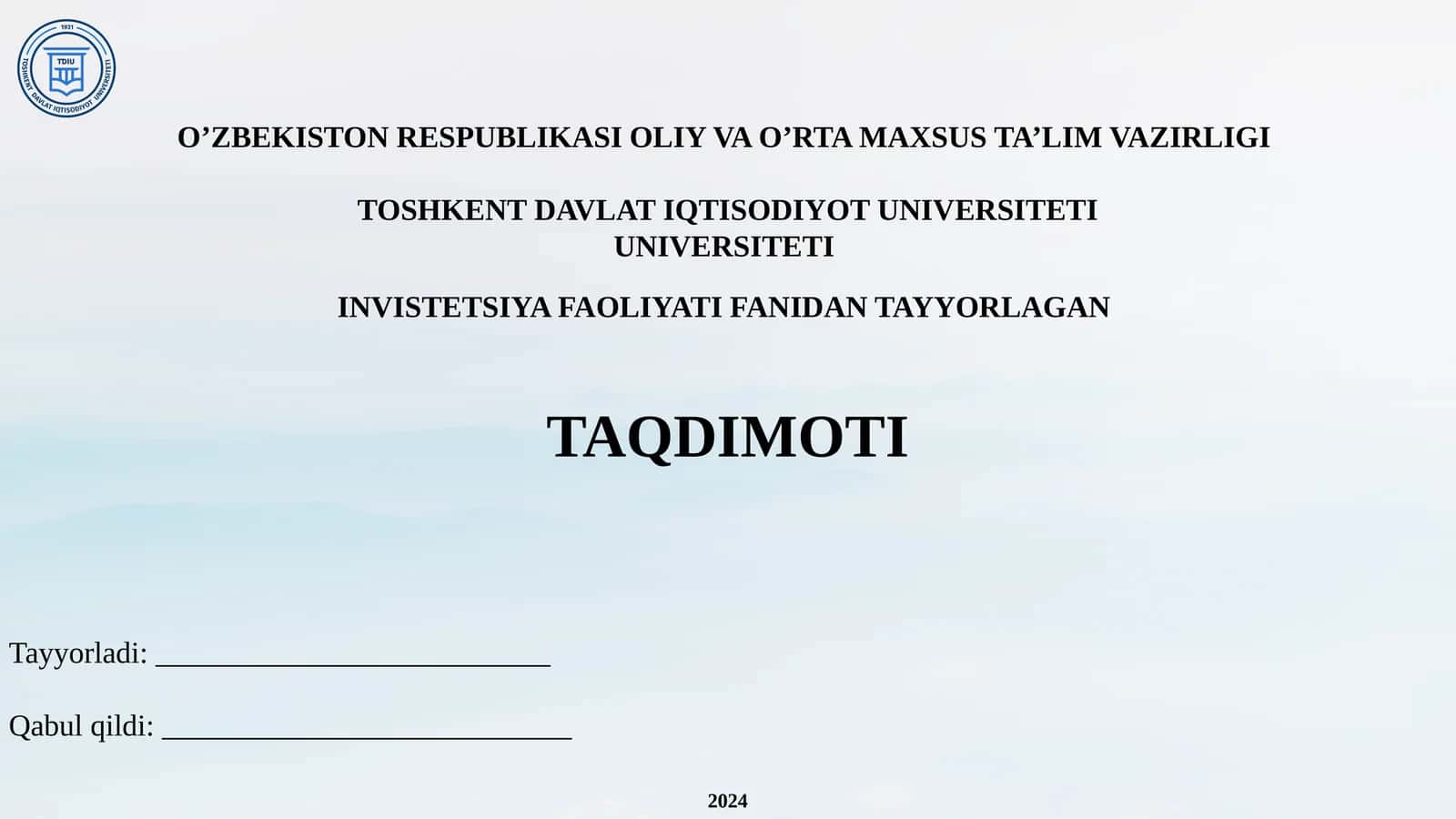 INVISTETSIYA FAOLIYATIFANIDAN TAYYORLAGAN TAQDIMOTI 1
