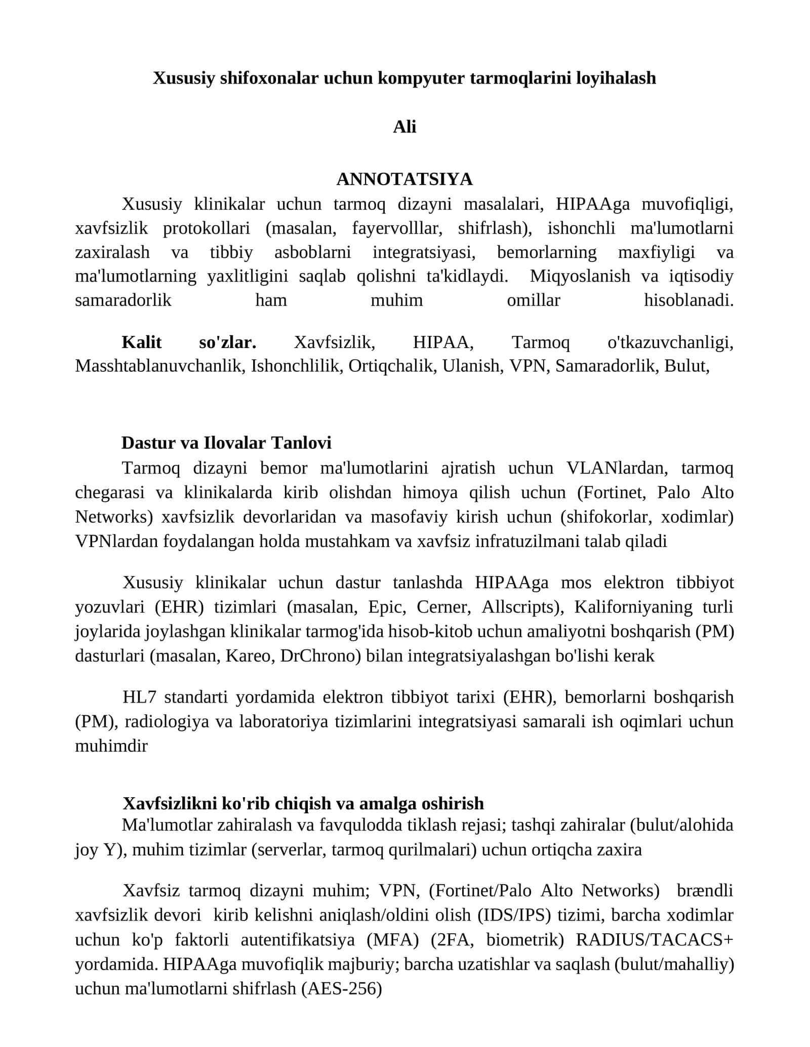 Xususiy shifoxonalar uchun kompyuter tarmoqlarini loyihalash 1