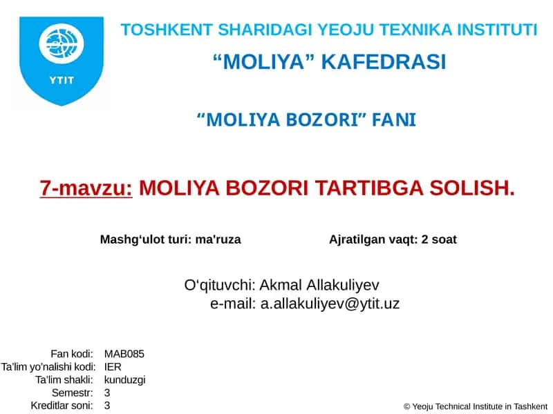 MOLIYA BOZORI TARTIBGA SOLISH 1