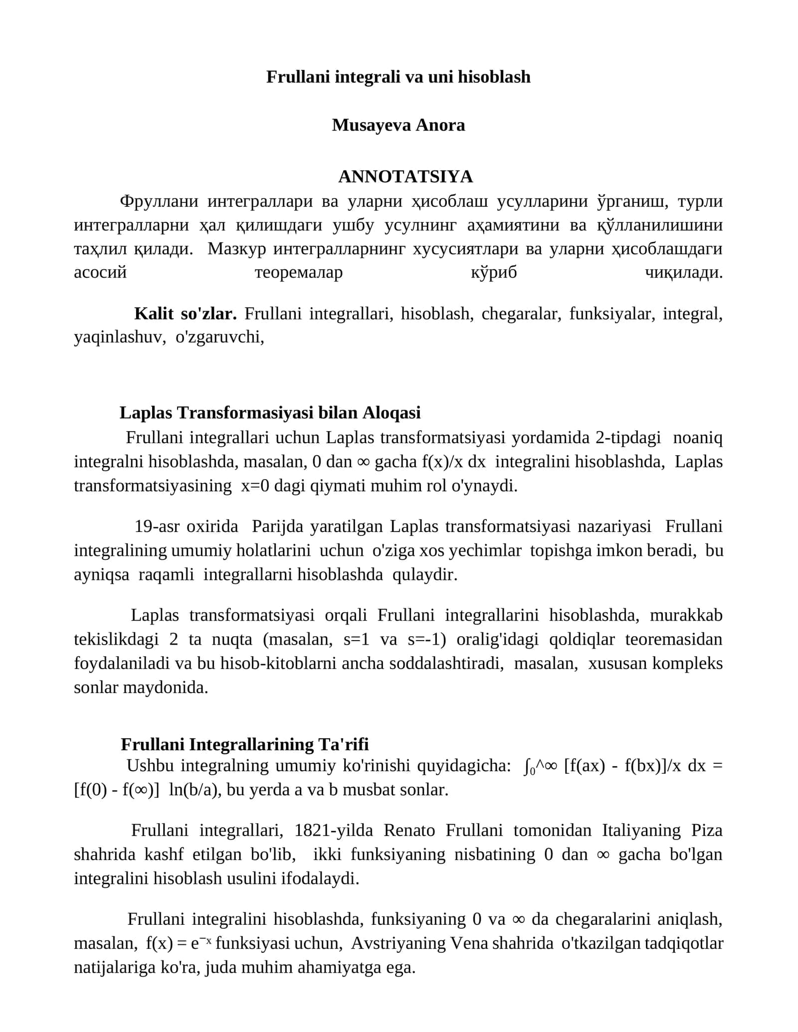 Frullani integrali va uni hisoblash 1