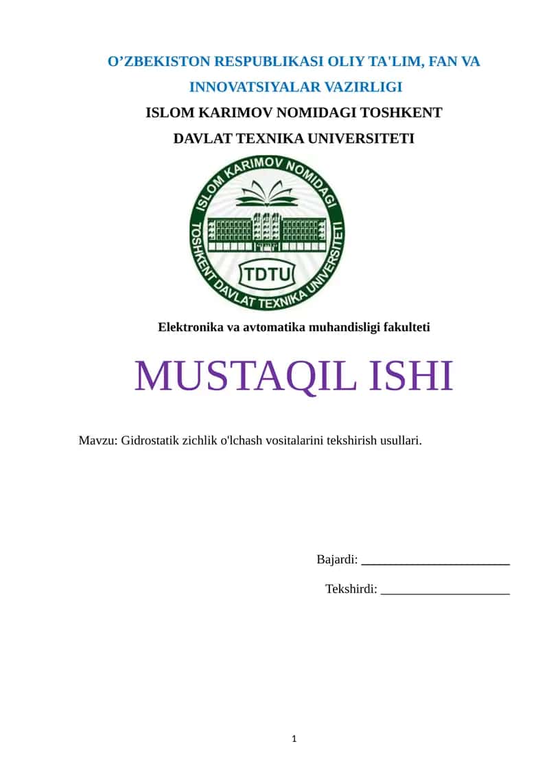 Gidrostatik zichlik o'lchash vositalarini tekshirish usullari 1
