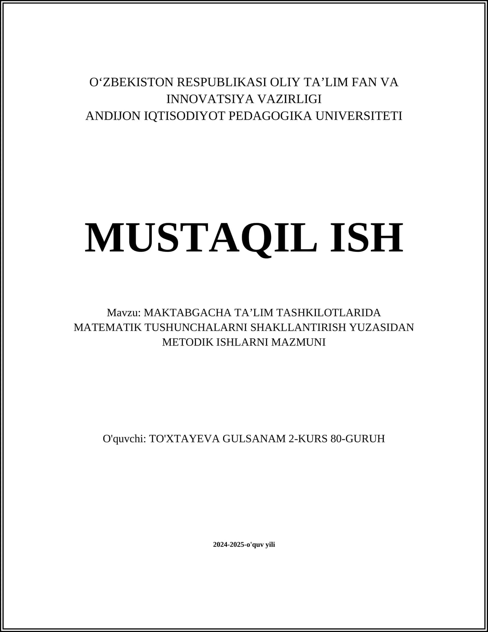 O‘zbekiston Respublikasi Oliy Ta’lim Fan va Innovatsiya Vazirligi Andijon Iqtisodiyot Pedagogika Universiteti Mustaqil Ish 1