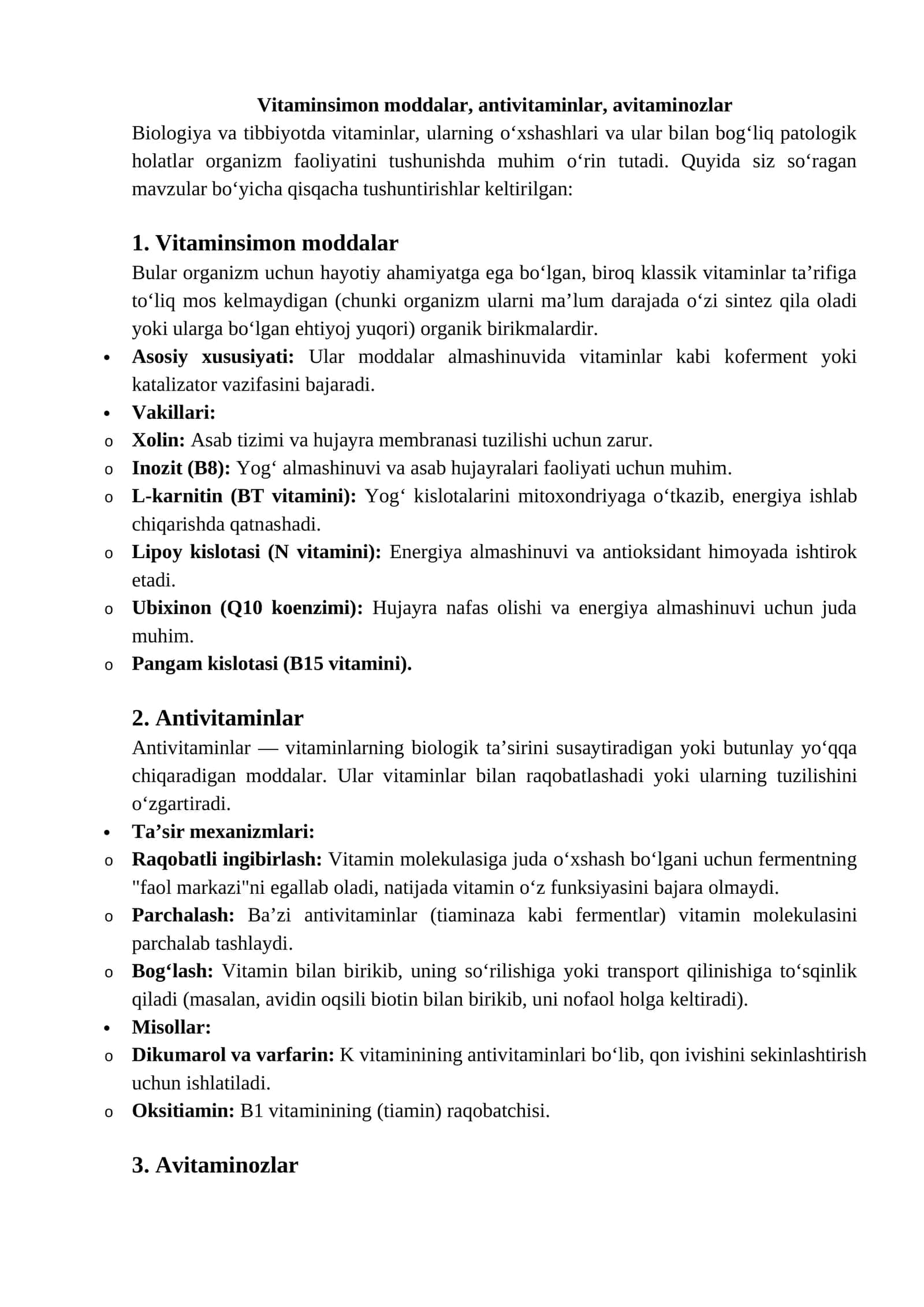 Vitaminsimon moddalar, antivitaminlar, avitaminozlar 1