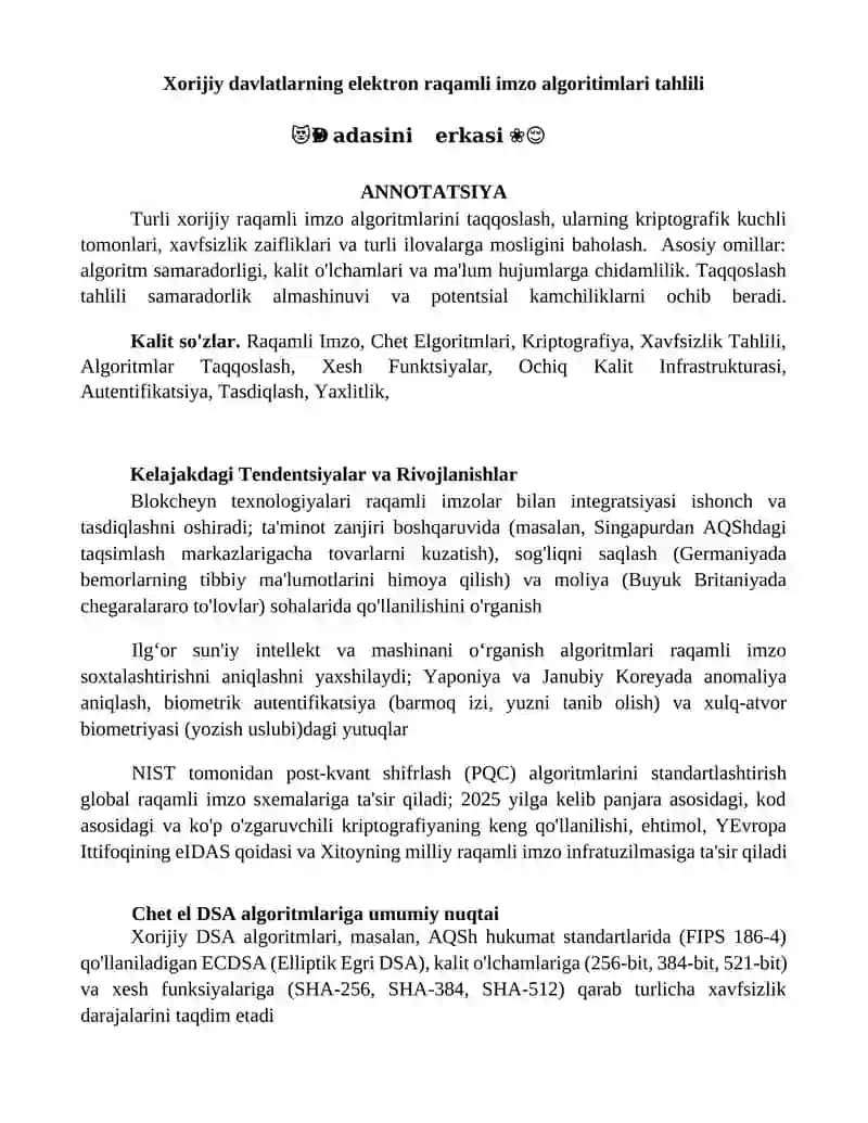Xorijiy davlatlarning elektron raqamli imzo algoritimlari tahlili