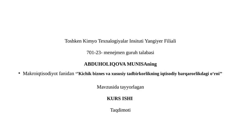 Kichik biznes va xususiy tadbirkorlikning iqtisodiy barqarorlikdagi o‘rni 1